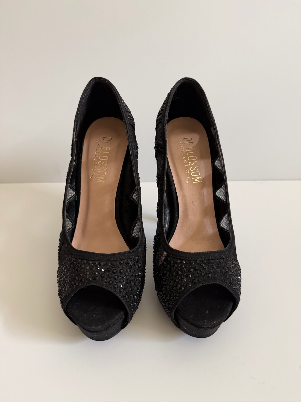 De Blossom Collection Black Rhinestone Peep-Toe Heels